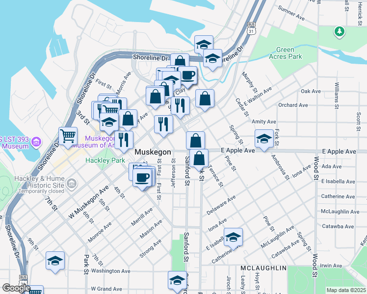 map of restaurants, bars, coffee shops, grocery stores, and more near 75 West Walton Avenue in Muskegon