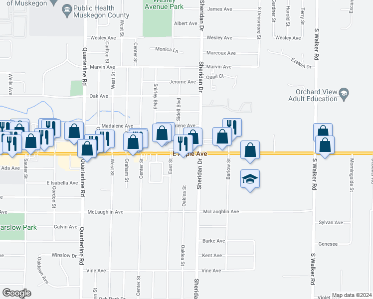 map of restaurants, bars, coffee shops, grocery stores, and more near 2352 East Apple Avenue in Muskegon