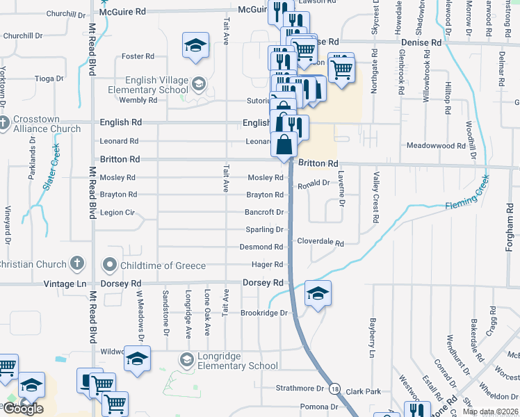 map of restaurants, bars, coffee shops, grocery stores, and more near 64 Bancroft Drive in Rochester