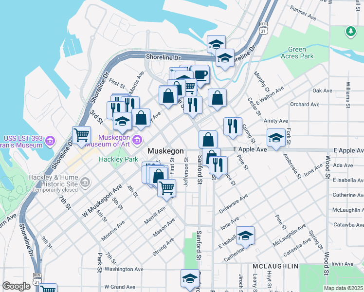map of restaurants, bars, coffee shops, grocery stores, and more near 120 West Apple Avenue in Muskegon