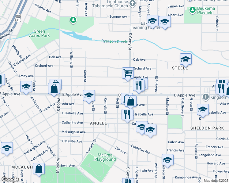 map of restaurants, bars, coffee shops, grocery stores, and more near 714 East Apple Avenue in Muskegon