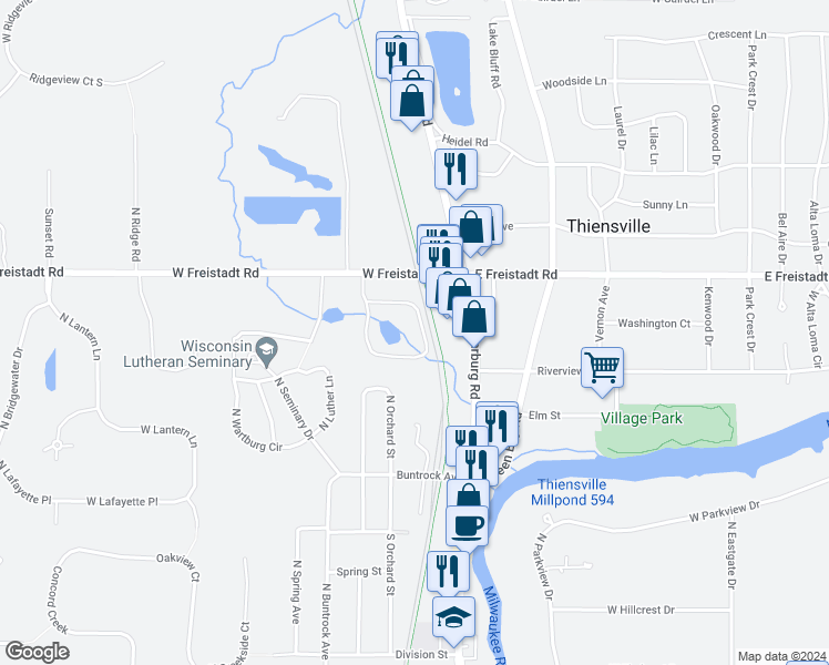 map of restaurants, bars, coffee shops, grocery stores, and more near 221 North Main Street in Thiensville
