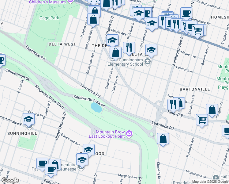 map of restaurants, bars, coffee shops, grocery stores, and more near 245 Park Row South in Hamilton