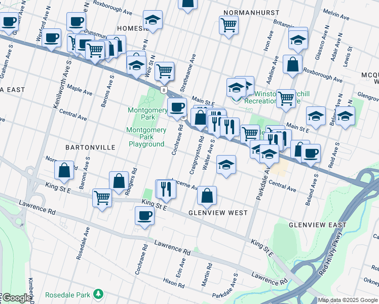 map of restaurants, bars, coffee shops, grocery stores, and more near 155 Rosewood Road in Hamilton