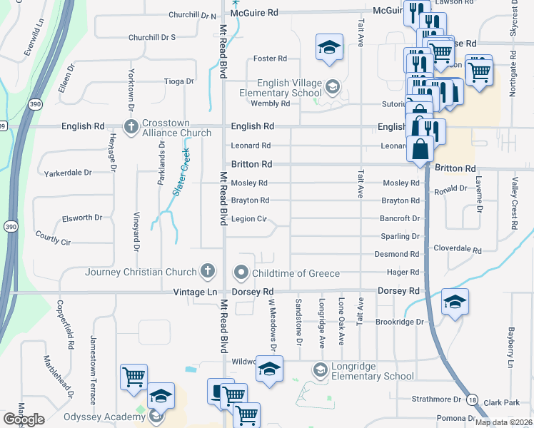 map of restaurants, bars, coffee shops, grocery stores, and more near 146 Legion Circle in Rochester