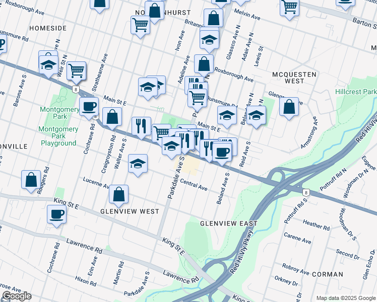 map of restaurants, bars, coffee shops, grocery stores, and more near 267 Queenston Road in Hamilton
