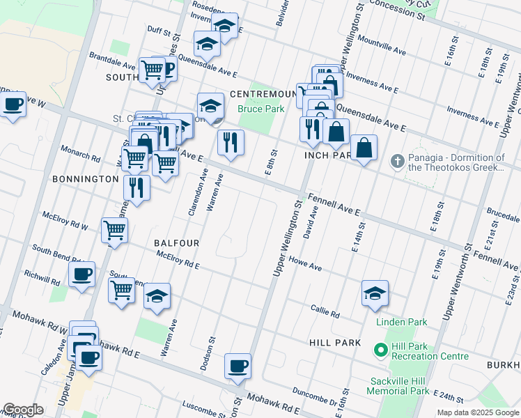 map of restaurants, bars, coffee shops, grocery stores, and more near 204 Hoover Crescent in Hamilton