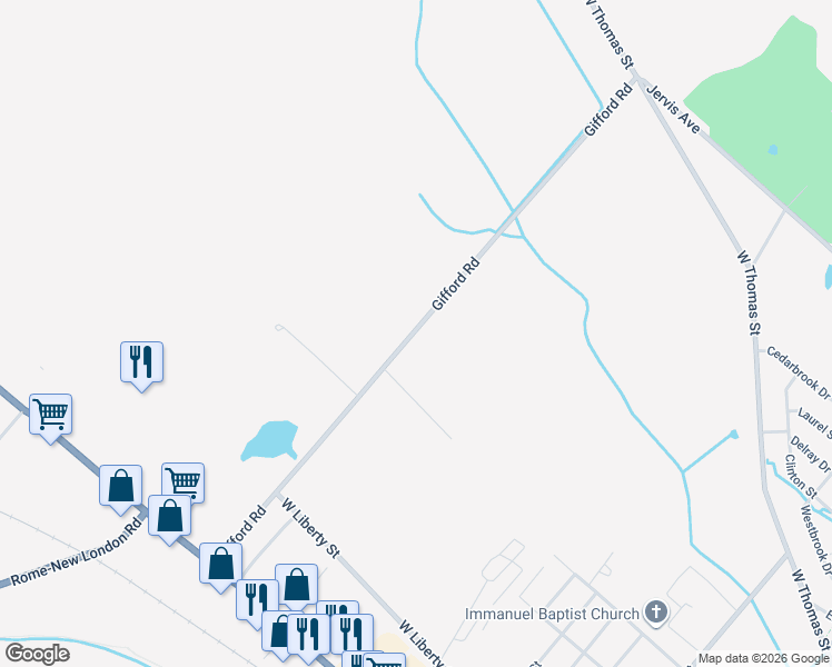 map of restaurants, bars, coffee shops, grocery stores, and more near 7686 Gifford Road in Rome