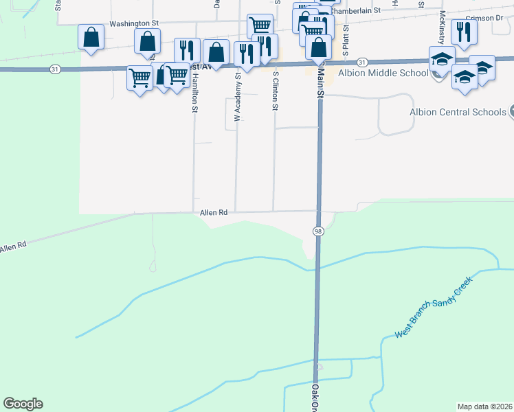 map of restaurants, bars, coffee shops, grocery stores, and more near 105 Allen Road in Albion