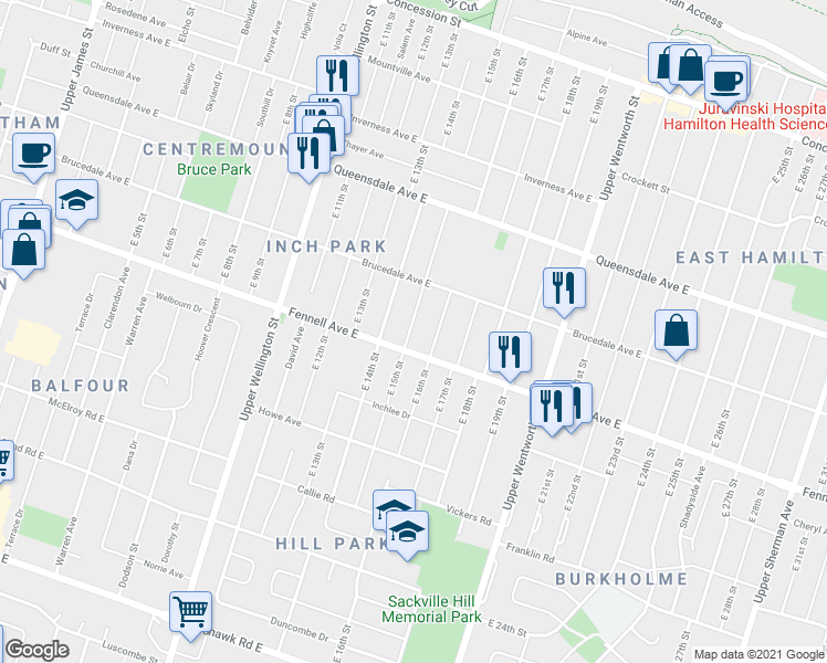 map of restaurants, bars, coffee shops, grocery stores, and more near 287 East 15th Street in Hamilton