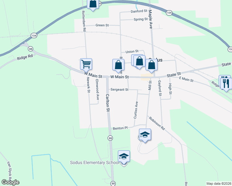 map of restaurants, bars, coffee shops, grocery stores, and more near 43 Sergeant Street in Sodus