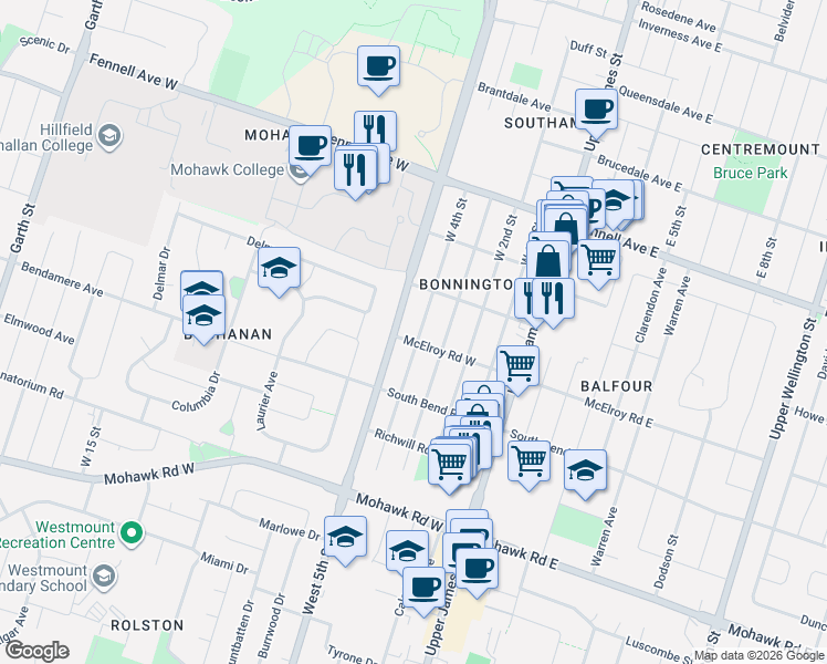 map of restaurants, bars, coffee shops, grocery stores, and more near 54 West 4th Street in Hamilton
