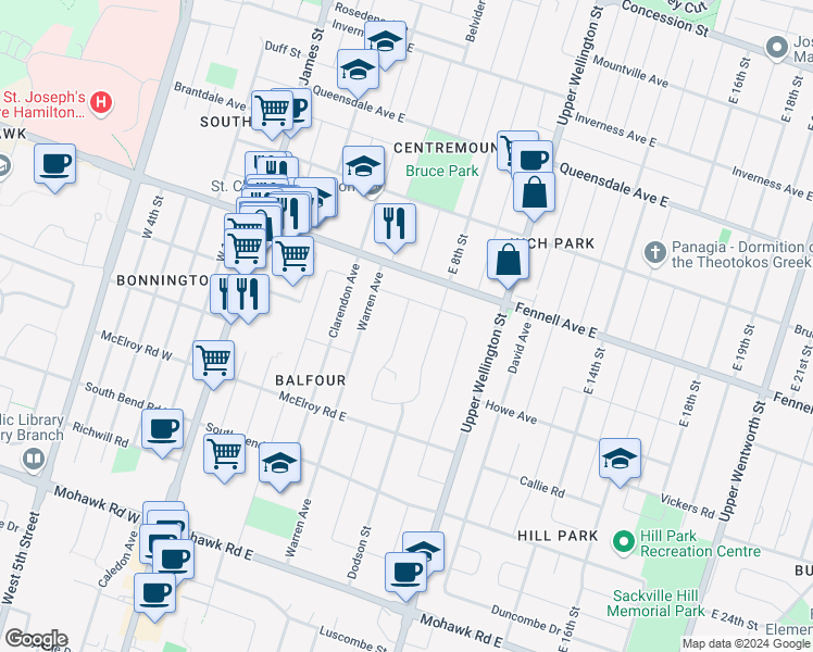 map of restaurants, bars, coffee shops, grocery stores, and more near 19 Hoover Crescent in Hamilton