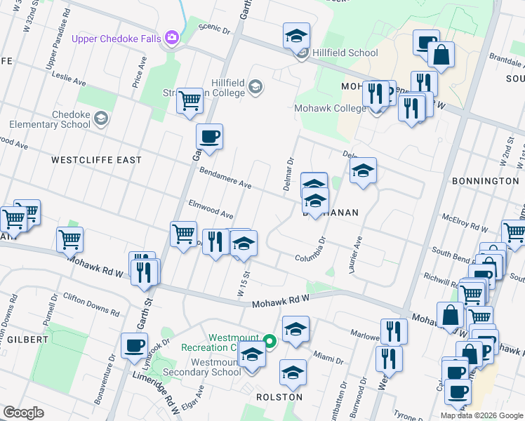 map of restaurants, bars, coffee shops, grocery stores, and more near 118 Briarwood Crescent in Hamilton