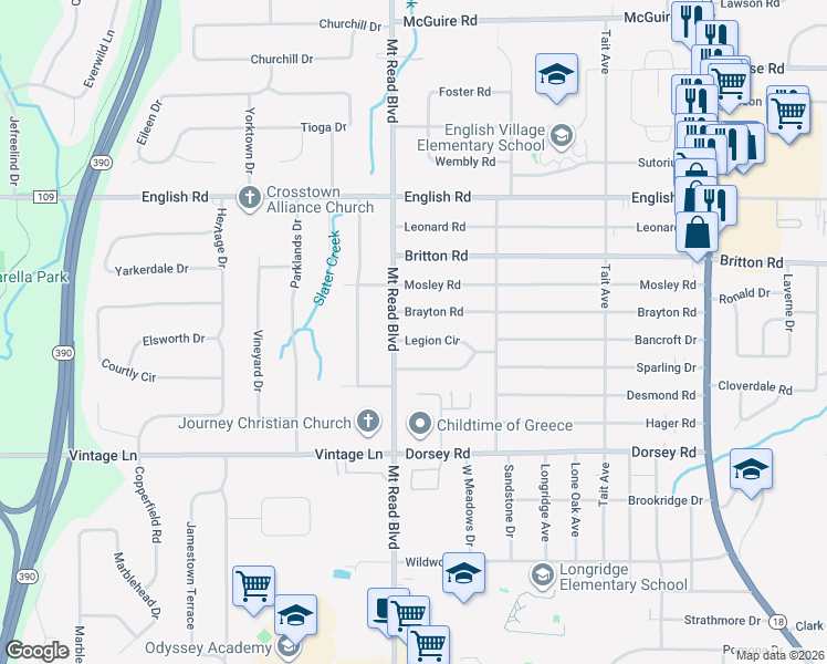 map of restaurants, bars, coffee shops, grocery stores, and more near 194 Legion Circle in Rochester