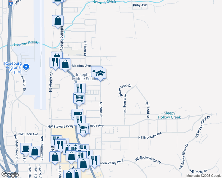 map of restaurants, bars, coffee shops, grocery stores, and more near 2153 Northeast Vine Street in Roseburg