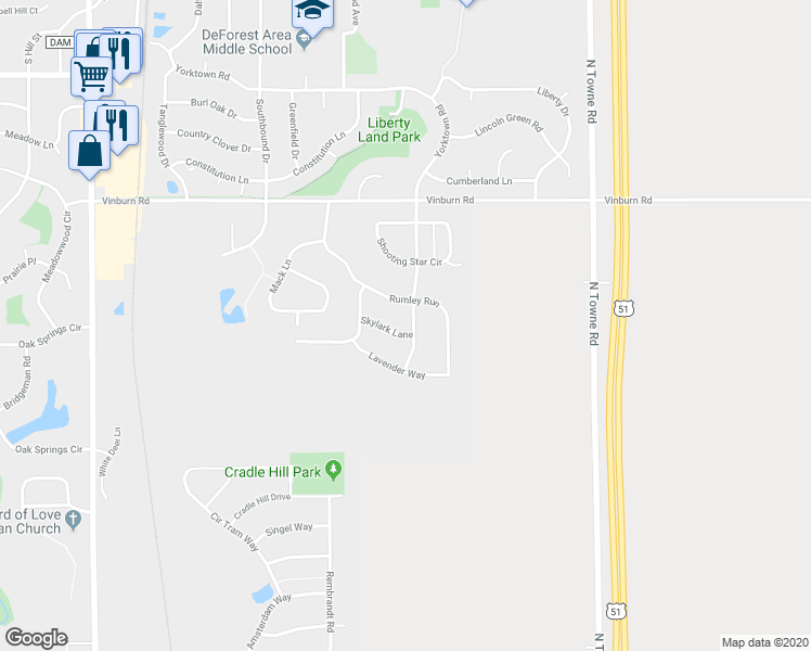 map of restaurants, bars, coffee shops, grocery stores, and more near 930 Skylark Lane in DeForest