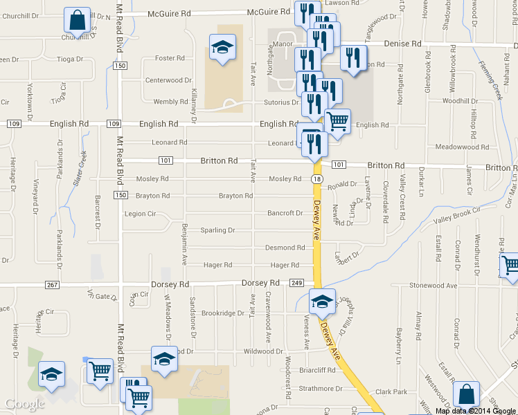 map of restaurants, bars, coffee shops, grocery stores, and more near 122 Bancroft Dr in Rochester