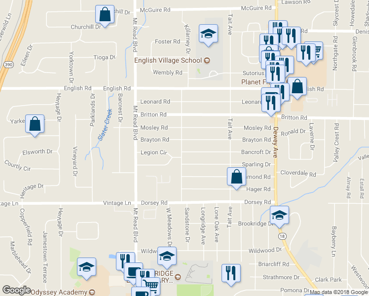 map of restaurants, bars, coffee shops, grocery stores, and more near 280 Bancroft Drive in Rochester