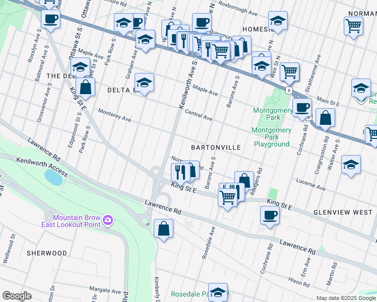 map of restaurants, bars, coffee shops, grocery stores, and more near 190 Garside Avenue South in Hamilton