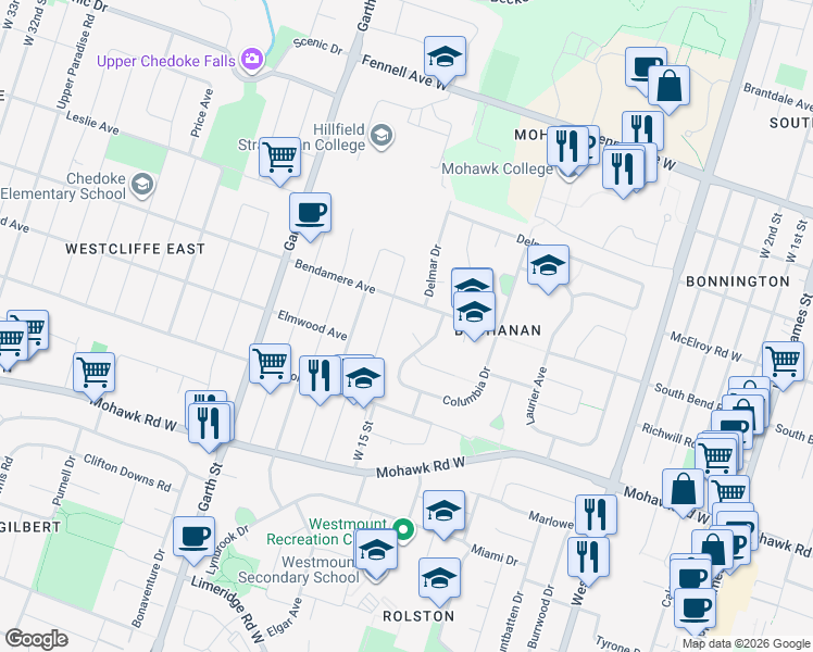 map of restaurants, bars, coffee shops, grocery stores, and more near 11 Hudson Court in Hamilton
