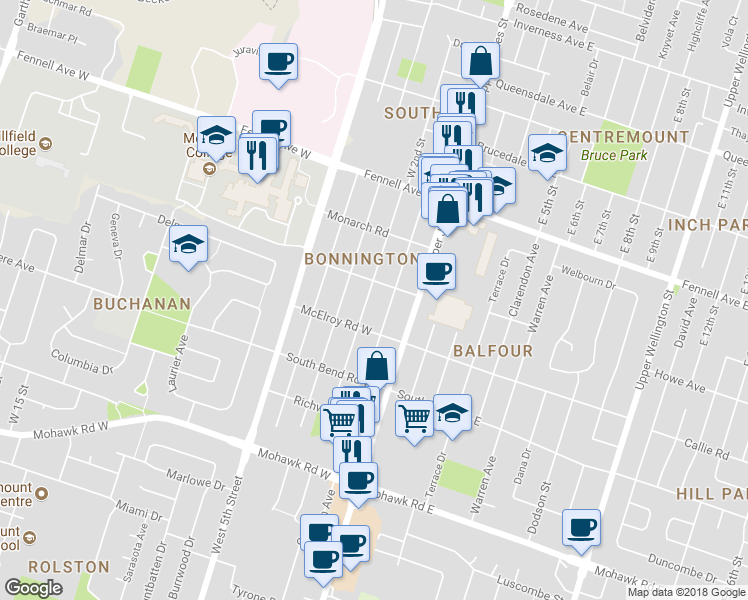 map of restaurants, bars, coffee shops, grocery stores, and more near 281 West 2nd Street in Hamilton