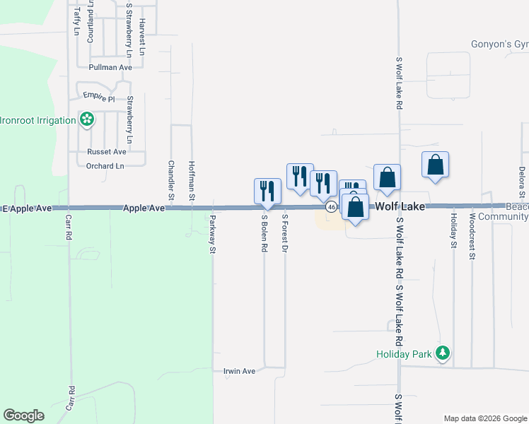 map of restaurants, bars, coffee shops, grocery stores, and more near 1348 South Bolen Road in Muskegon