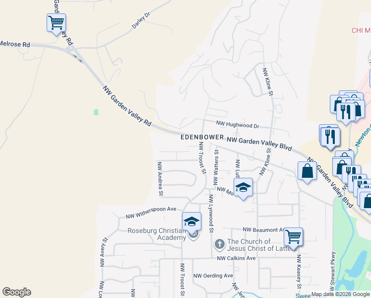 map of restaurants, bars, coffee shops, grocery stores, and more near 2280 Northwest Cabrillo Court in Roseburg