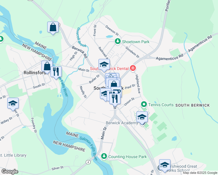 map of restaurants, bars, coffee shops, grocery stores, and more near 224 Main Street in South Berwick
