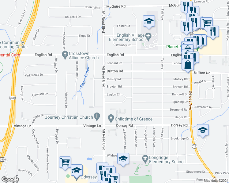 map of restaurants, bars, coffee shops, grocery stores, and more near 194 Legion Circle in Rochester