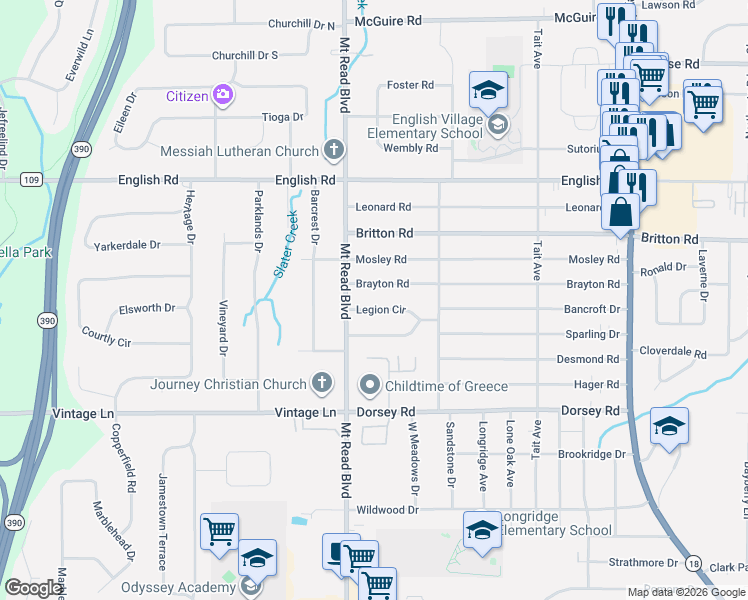 map of restaurants, bars, coffee shops, grocery stores, and more near 194 Legion Circle in Rochester