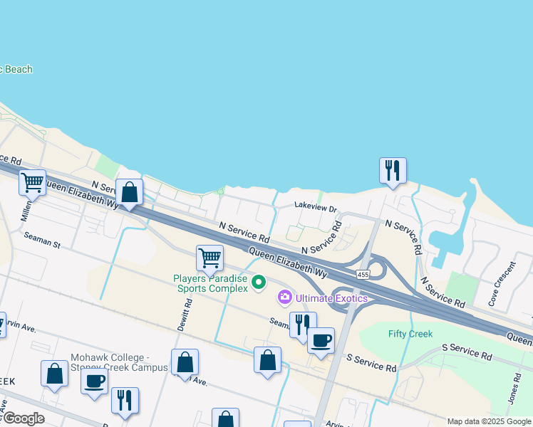 map of restaurants, bars, coffee shops, grocery stores, and more near 20 Lakeview Drive in Hamilton