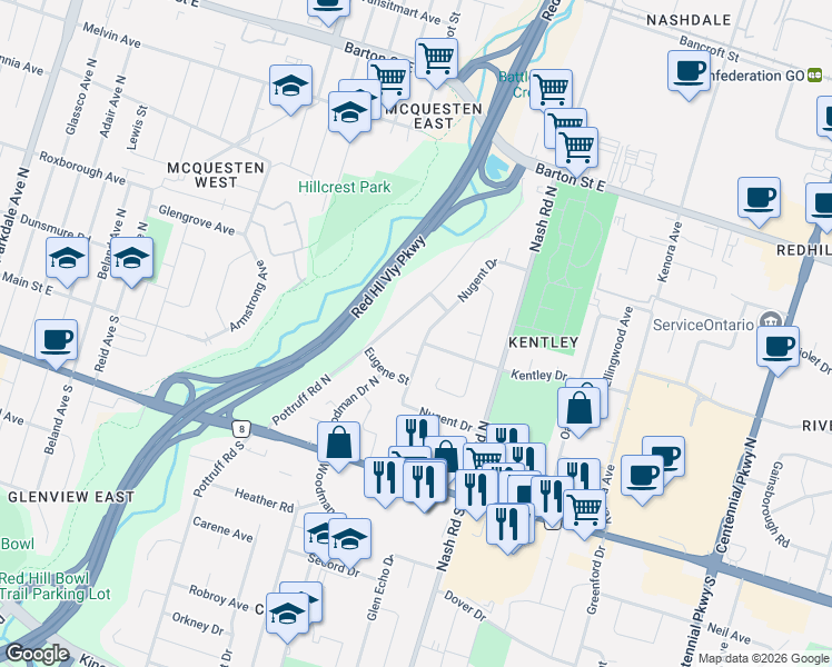 map of restaurants, bars, coffee shops, grocery stores, and more near 10 Sandlyn Court in Hamilton