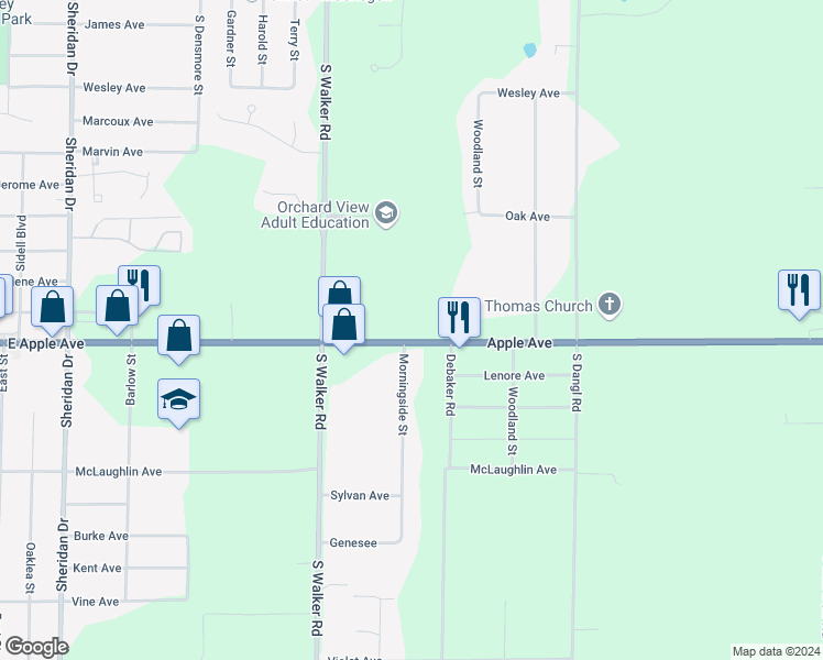 map of restaurants, bars, coffee shops, grocery stores, and more near 2930 East Apple Avenue in Muskegon