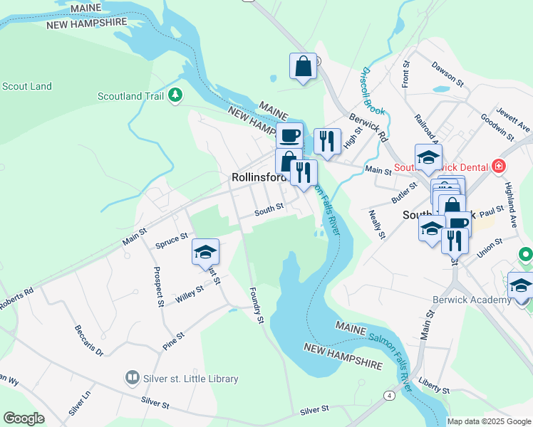 map of restaurants, bars, coffee shops, grocery stores, and more near 43 South Street in Rollinsford