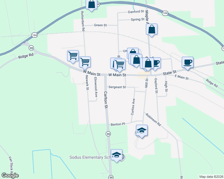 map of restaurants, bars, coffee shops, grocery stores, and more near 43 Sergeant Street in Sodus