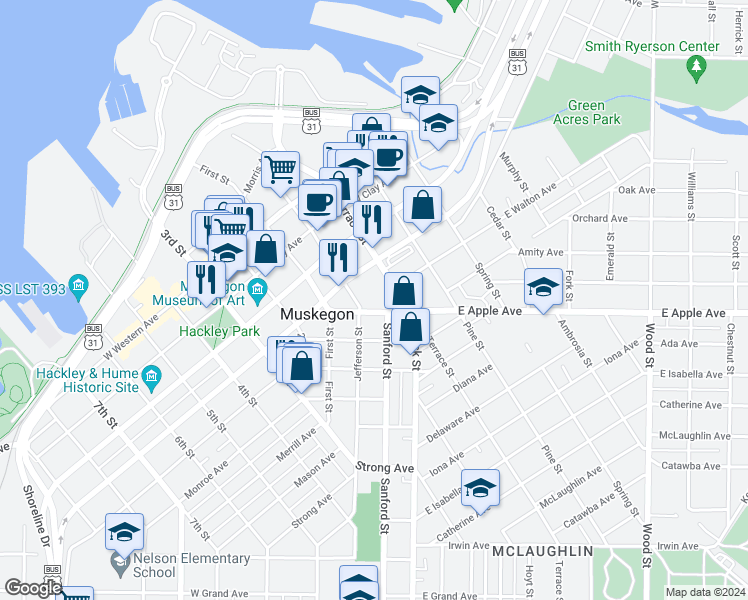 map of restaurants, bars, coffee shops, grocery stores, and more near 75 West Walton Avenue in Muskegon