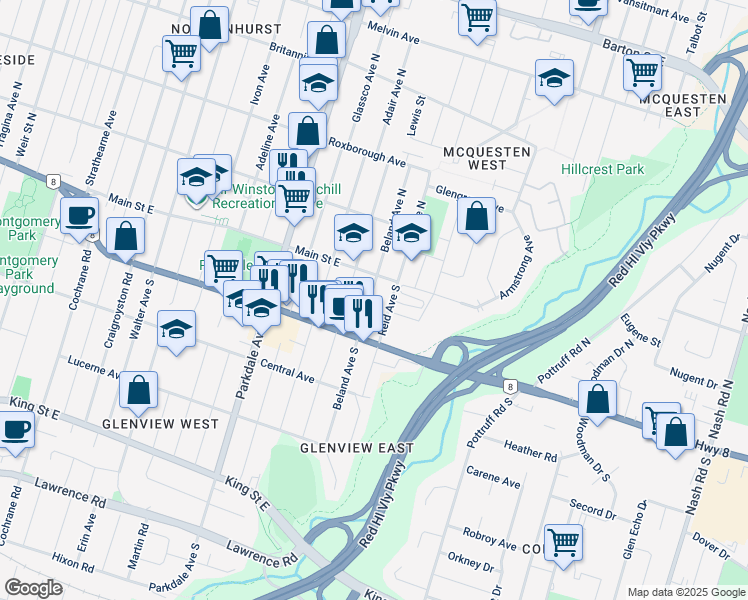 map of restaurants, bars, coffee shops, grocery stores, and more near 25 Beland Avenue South in Hamilton