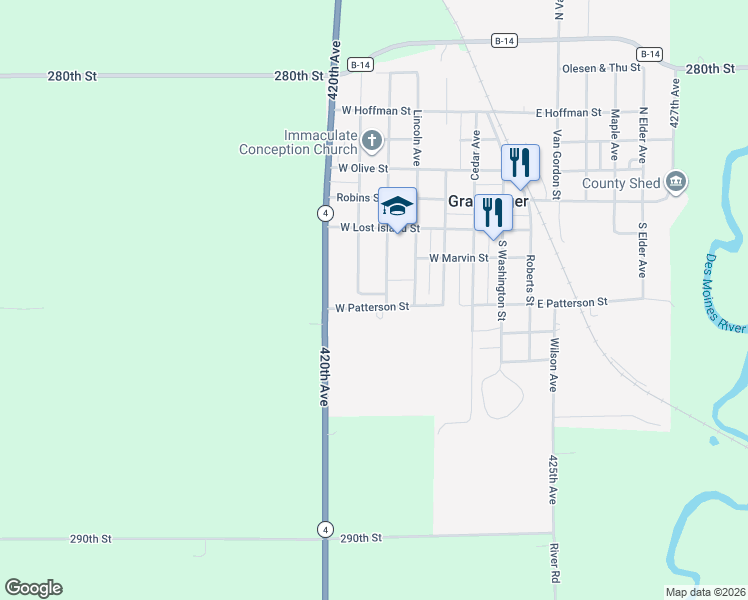 map of restaurants, bars, coffee shops, grocery stores, and more near 501 West Patterson Street in Graettinger
