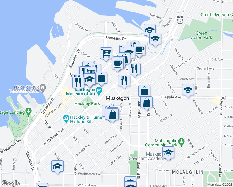 map of restaurants, bars, coffee shops, grocery stores, and more near 188 West Muskegon Avenue in Muskegon