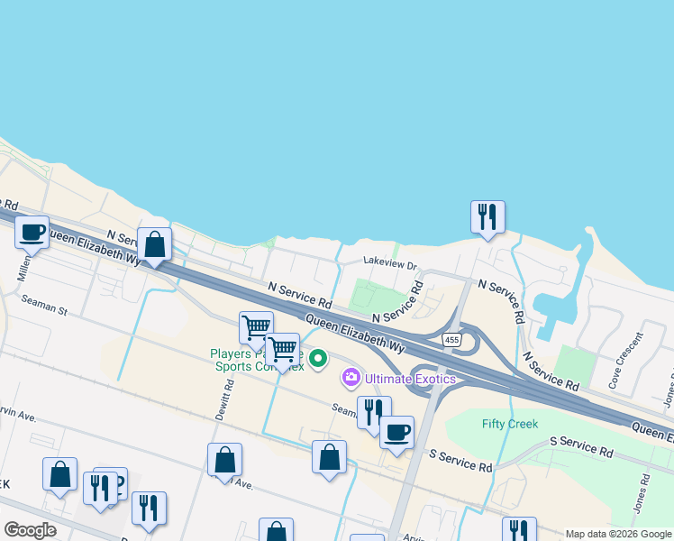 map of restaurants, bars, coffee shops, grocery stores, and more near 36 Lakeview Drive in Hamilton