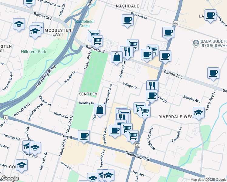 map of restaurants, bars, coffee shops, grocery stores, and more near 163 Kenora Avenue in Hamilton