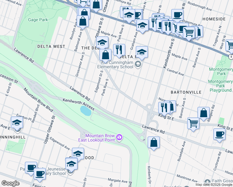 map of restaurants, bars, coffee shops, grocery stores, and more near 240 Graham Avenue South in Hamilton