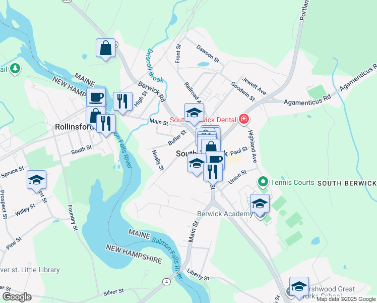 map of restaurants, bars, coffee shops, grocery stores, and more near 27 Young Street in South Berwick