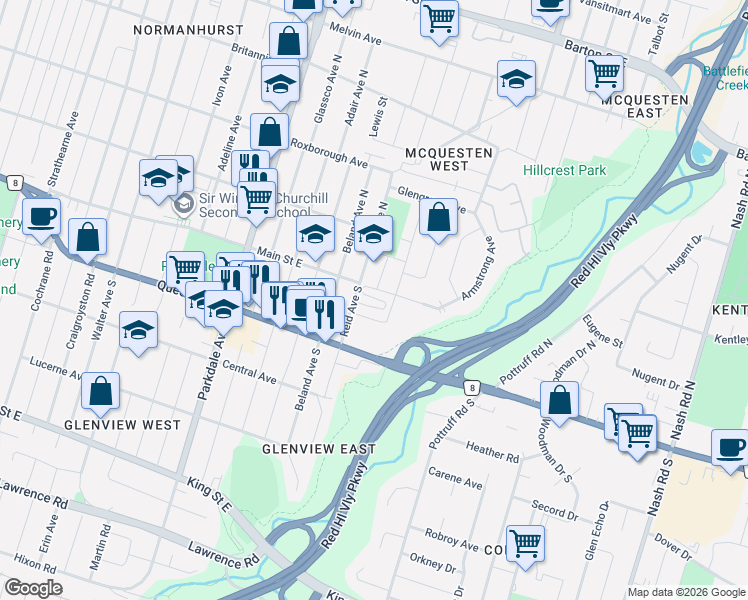 map of restaurants, bars, coffee shops, grocery stores, and more near 65 Dryden Lane in Hamilton