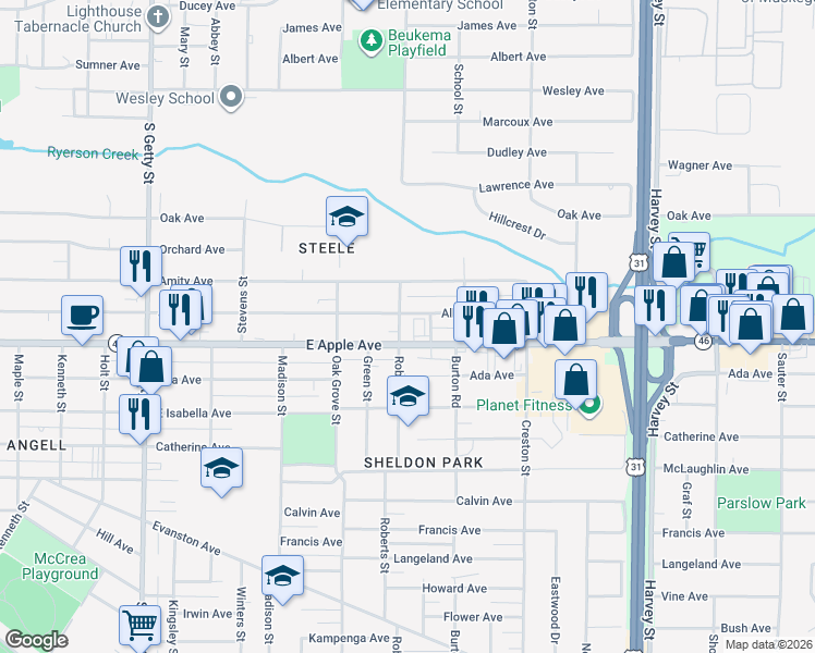 map of restaurants, bars, coffee shops, grocery stores, and more near 1216 East Apple Avenue in Muskegon