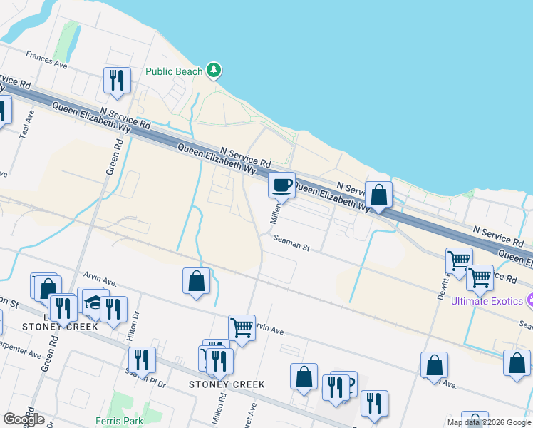 map of restaurants, bars, coffee shops, grocery stores, and more near 421 Millen Road in Hamilton