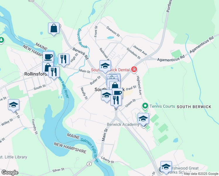 map of restaurants, bars, coffee shops, grocery stores, and more near 224 Main Street in South Berwick