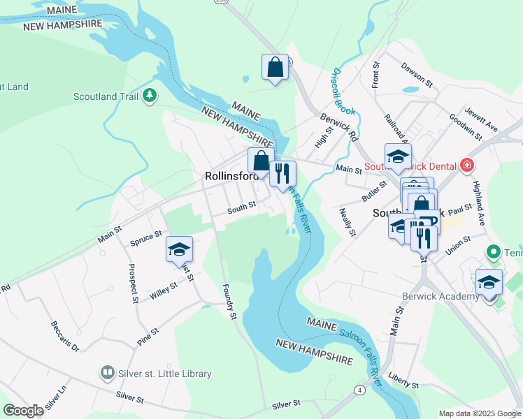 map of restaurants, bars, coffee shops, grocery stores, and more near 75 South Street in Rollinsford