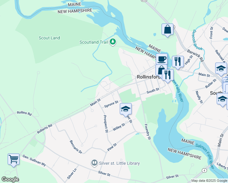 map of restaurants, bars, coffee shops, grocery stores, and more near 569 Main Street in Rollinsford